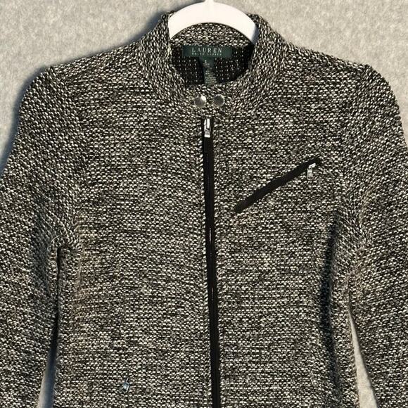 Lauren Ralph Lauren Sz S Full Zip Tweed Boucle Moto Jacket Mock Neck Zip Pockets - Picture 3 of 10